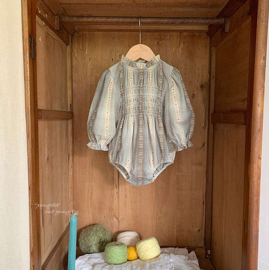 長袖ロンパース 長袖ロンパース スモック刺繍柄 シャーリングネック ギャザー切替 ボディスーツ【mh0011536】