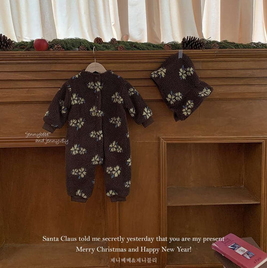 アウタージャンプスーツ 長袖ジャンプスーツ もこもこボア 花柄 カバーオール 帽子セット 暖かい 防寒【mh0011540】