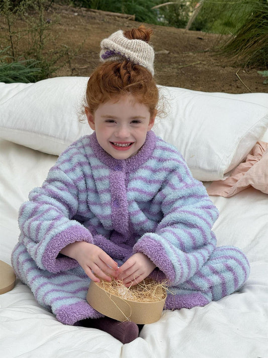 長袖パジャマ ルームウェア ボーダー もこもこフリース パジャマセットアップ 2点セット【mh0011745】