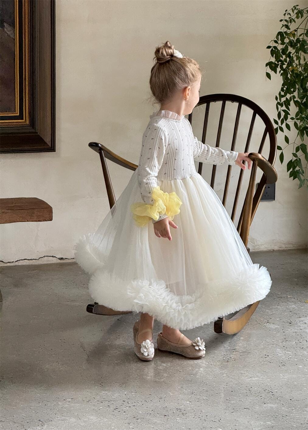 長袖ワンピース キッズワンピース ボリュームチュールスカート長袖ドレスワンピース【mh0009150】