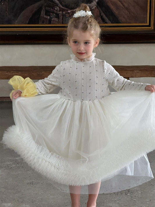 長袖ワンピース キッズワンピース ボリュームチュールスカート長袖ドレスワンピース【mh0009150】