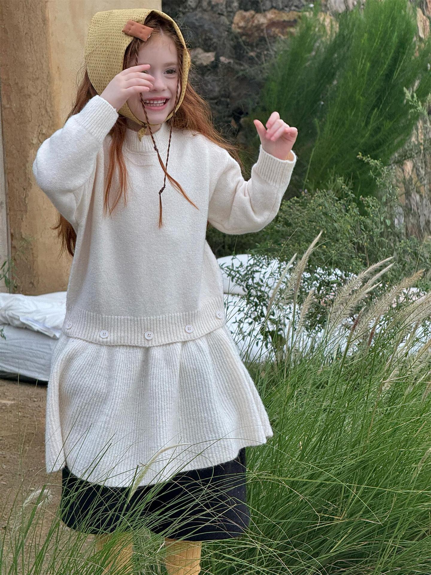 長袖ワンピース 長袖セーターワンピース プルオーバー フリル裾 ドッキング バイカラー ニット【mh0011741】