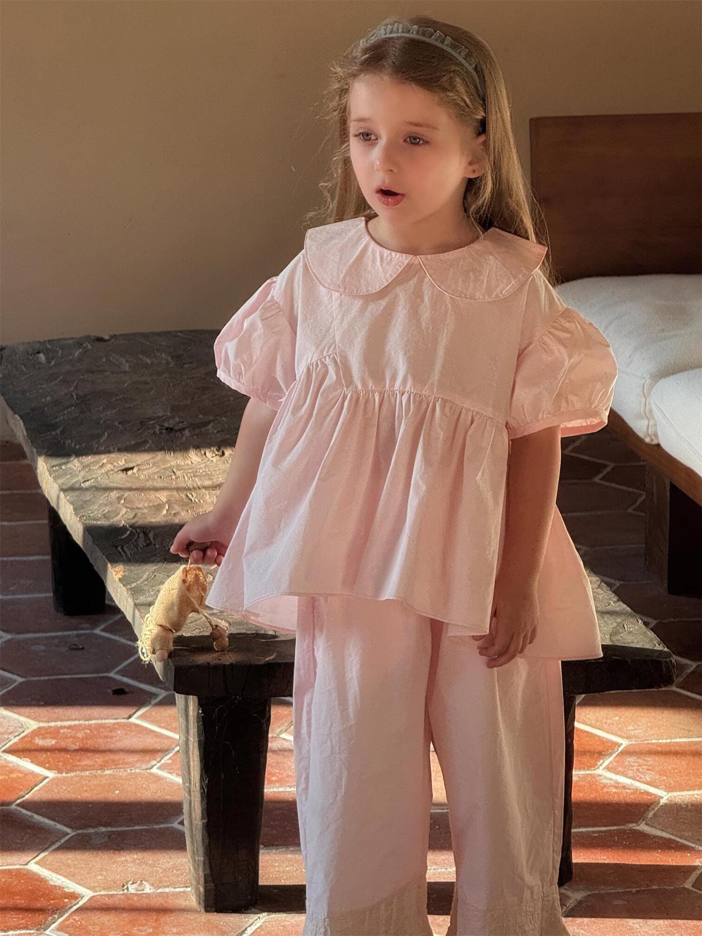 半袖セットアップ Pink / 90cm 丸襟半袖チュニックブラウス+裾プリーツクロップドパンツ【mh0010246】