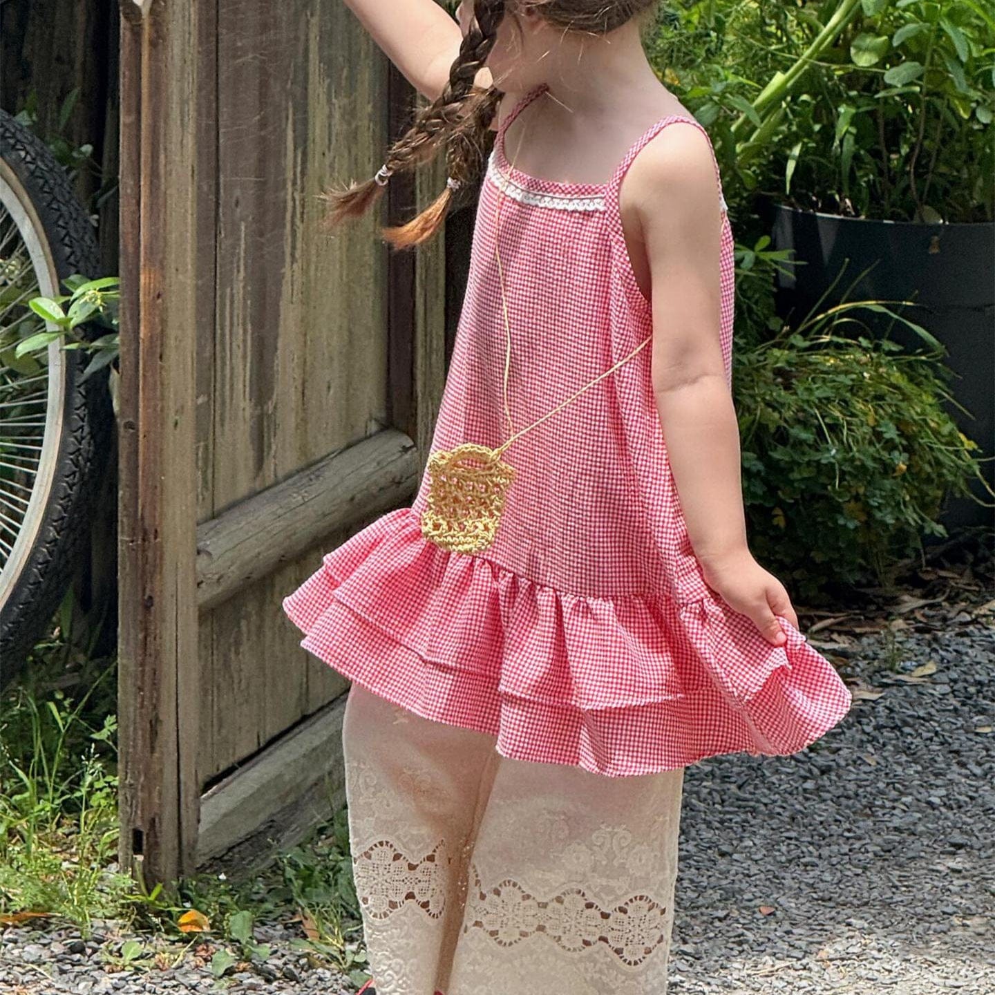 タンクトップ・キャミソール・ノースリーブトップス Red / 90cm チェック/無地裾ダブルフリルレースキャミソールチュニックブラウス【mh0009867】