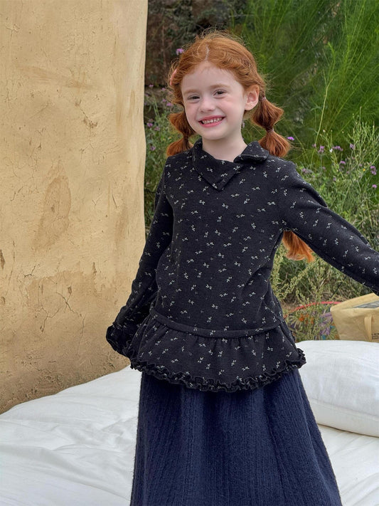 長袖Tシャツ 長袖ハイネックTシャツ 花柄 裾フリル レイヤード【mh0011748】