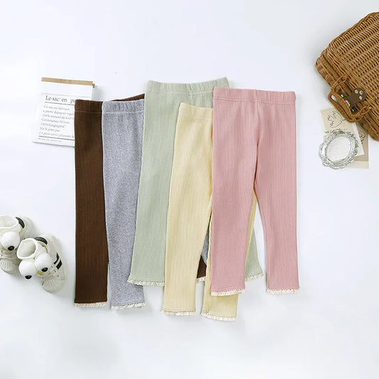 レギンスパンツ キッズパンツ 裾レースパステルカラーシンプルレギンスパンツ【mh-0008578】