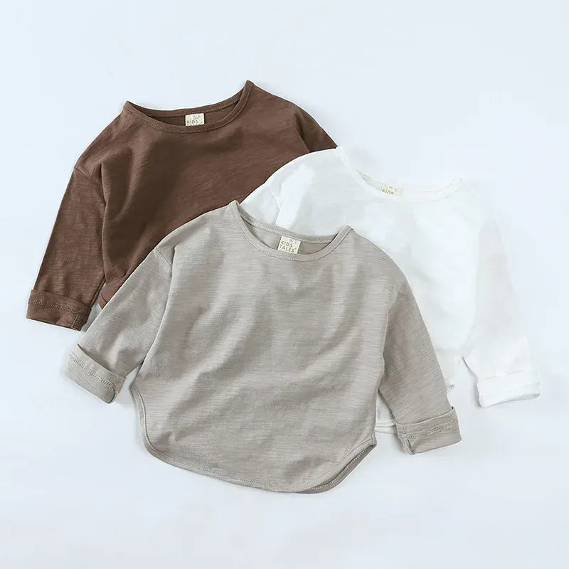 キッズ用長袖Tシャツ ブラウンとライトグレー、シンプル無地