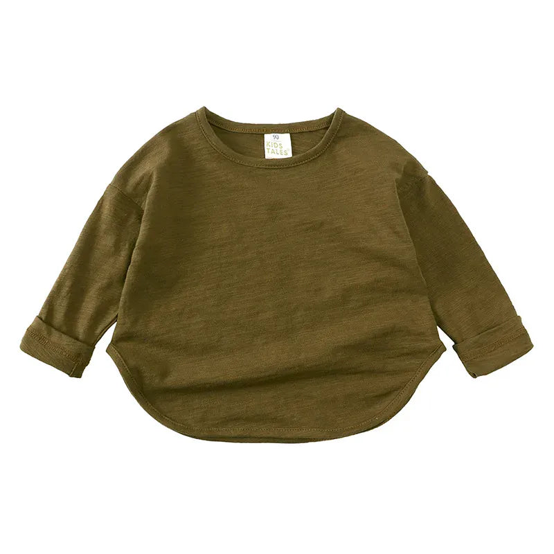 キッズ用長袖Tシャツ オリーブ 無地 クルーネック