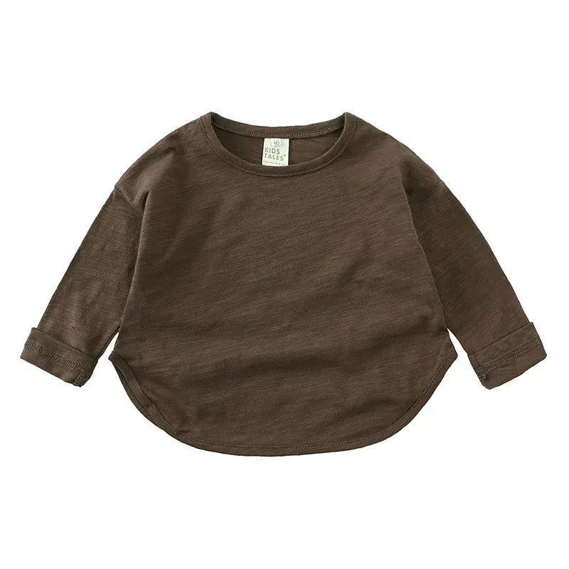 キッズ用長袖Tシャツ ダークブラウン 無地 クルーネック