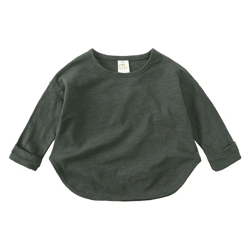 キッズ用長袖Tシャツ ダークグリーンの無地ラウンドネック
