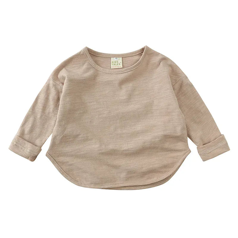 キッズ用長袖Tシャツ モカベージュの無地ラウンドネック