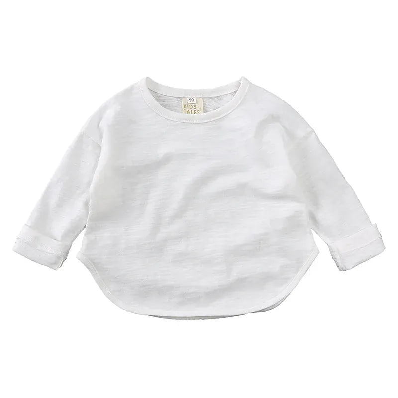キッズ用長袖Tシャツ ホワイトの無地ラウンドネック