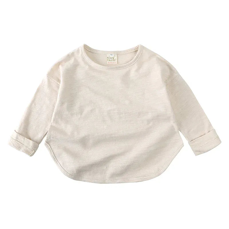 キッズ用長袖Tシャツ ライトブラウン系の無地ラウンドネック