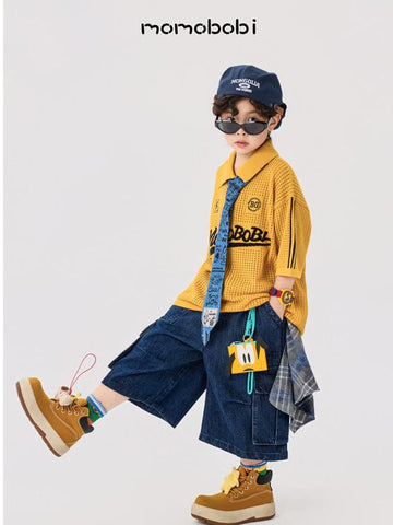 Knitted Letter Polo & Denim Shorts ニットポロシャツ デニムハーフパンツ【mh0013000】 momobobi 半袖セットアップ