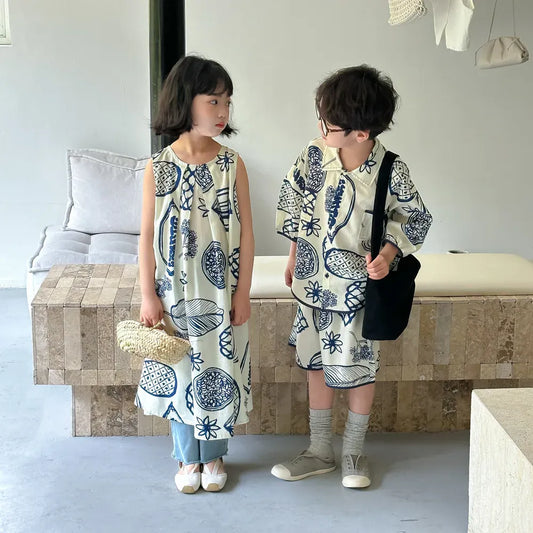 半袖セットアップ キッズセットアップ 2点セット/ワンピース ボーイズ/ガールズ ボタニカルフルーツプリント 2カラー リンクコーデ 兄弟姉妹 お揃いコーデ【mh0006208】