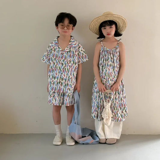 半袖セットアップ キッズセットアップ 2点セット/ワンピース ボーイズ半袖シャツ+ショートパンツ/ガールズキャミワンピ カラフル リンクコーデ 兄弟姉妹 お揃いコーデ【mh0004884】