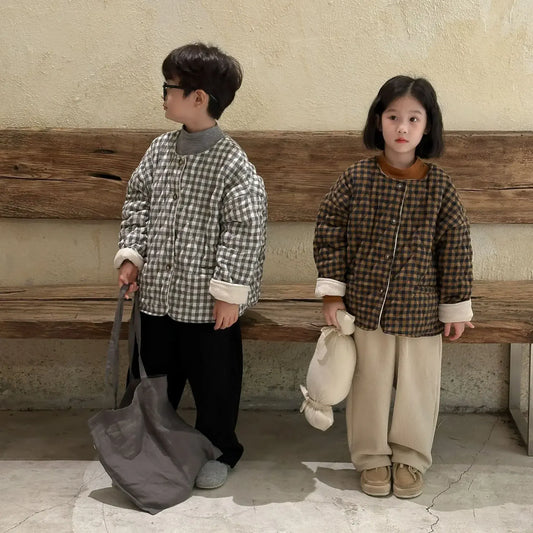 ショートコート・ジャケット・ジャンパー キッズアウター レトロチェックノーカラー裏フリースコートジャケット 2カラー【mh0007570】