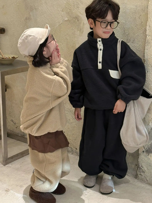 長袖セットアップ キッズセットアップ 2点セット ボアフリーススタンドカラー長袖スウェットシャツ+ロングスウェットパンツ【mh0008254】