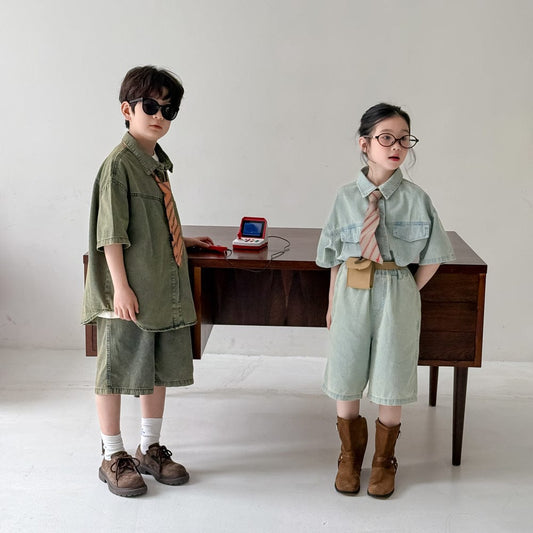 半袖セットアップ デニム半袖シャツ+ショートパンツセットアップ 2点セット【mh0010061】