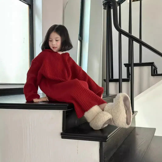 長袖ワンピース キッズワンピース リブニットフーディルーズロング長袖セーターワンピース 3カラー【mh0007572】