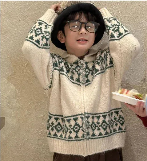 ショートコート・ジャケット・ジャンパー Beige / 90cm 1-2y キッズジャケット 幾何学チロリアンジップアップ襟付きニットジャケット 2カラー【mh0007600】