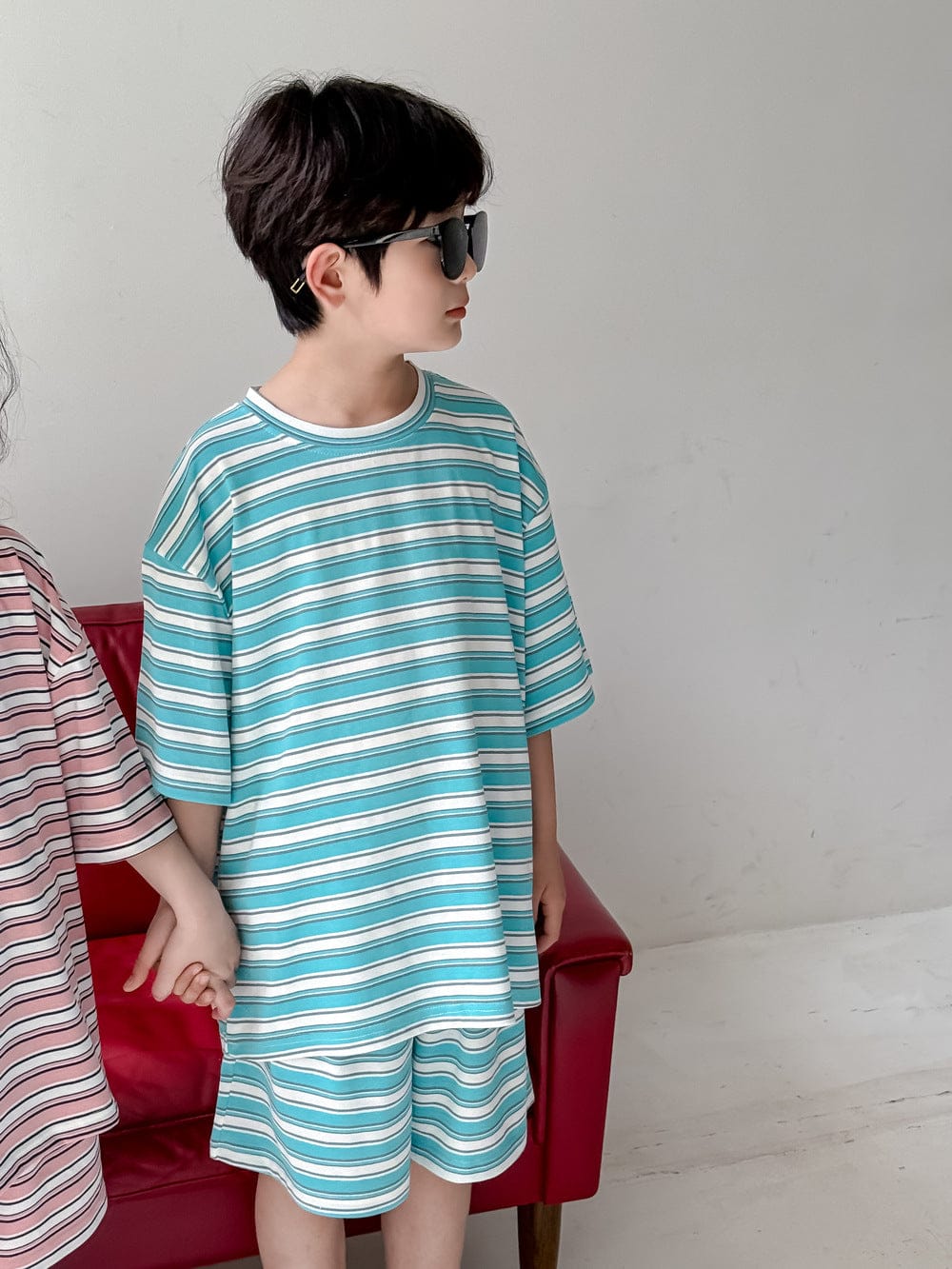 半袖セットアップ Blue / 110cm レトロボーダー半袖Tシャツ+ショートパンツセットアップ 2点セット【mh0010072】