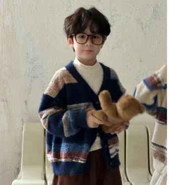 カーディガン・パーカー Blue / 90cm 1-2y キッズカーディガン カラフルボーダーVネックニットジャケット 2カラー【mh0007368】