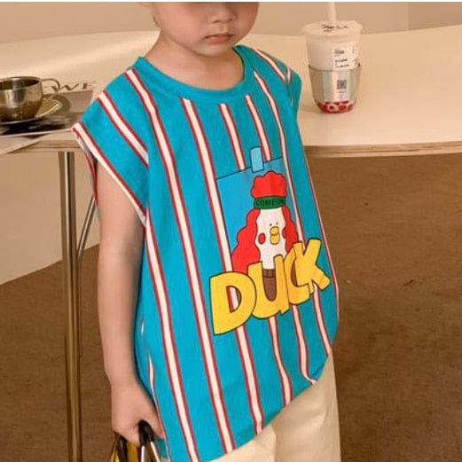 子ども用ノースリーブTシャツ、青緑ストライプ柄のアヒルキャラクタープリント