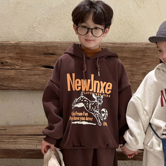 長袖セットアップ Brown / 24M 90CM キッズセットアップ 2点セット ドッグ犬ロゴプリント長袖スウェットシャツ+ロングスウェットパンツ【mh0008242】