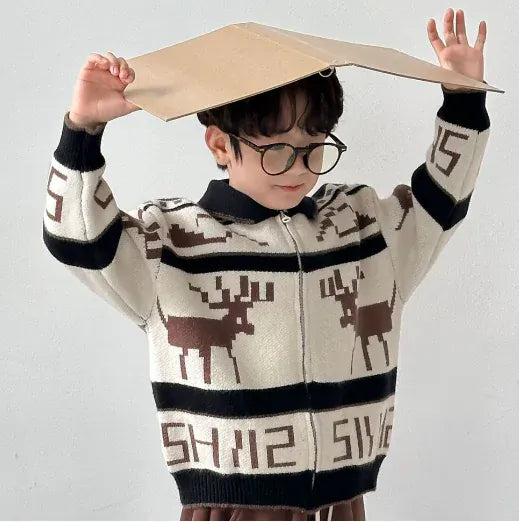 ショートコート・ジャケット・ジャンパー Coffee / 90cm 1-2y キッズジャケット トナカイエルク北欧柄ジップアップ襟付きニットジャケット 2カラー【mh0007617】