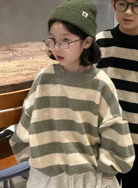 トレーナー・フーディ Green / 90cm 1-2y キッズトップス 太ボーダードロップショルダー裏フリース長袖スウェットシャツ 2カラー【mh0007579】