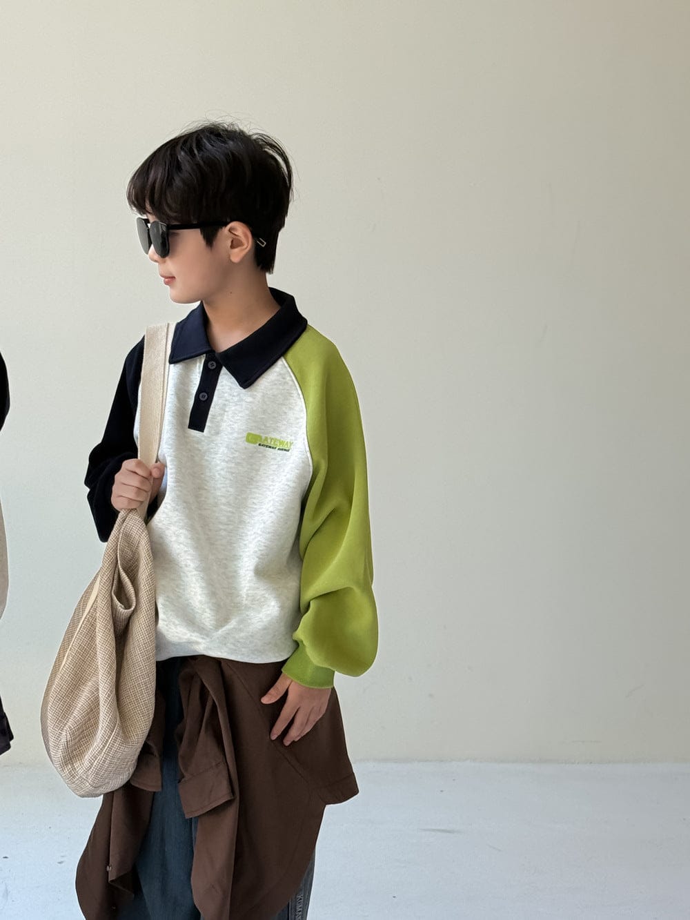 長袖シャツ・ブラウス Green / 90cm ポロ襟パッチワーク長袖スウェット プルオーバーゆったりシルエット【mh0010763】