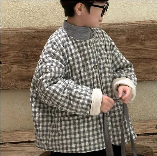 ショートコート・ジャケット・ジャンパー Grey / 90cm 1-2y キッズアウター レトロチェックノーカラー裏フリースコートジャケット 2カラー【mh0007570】