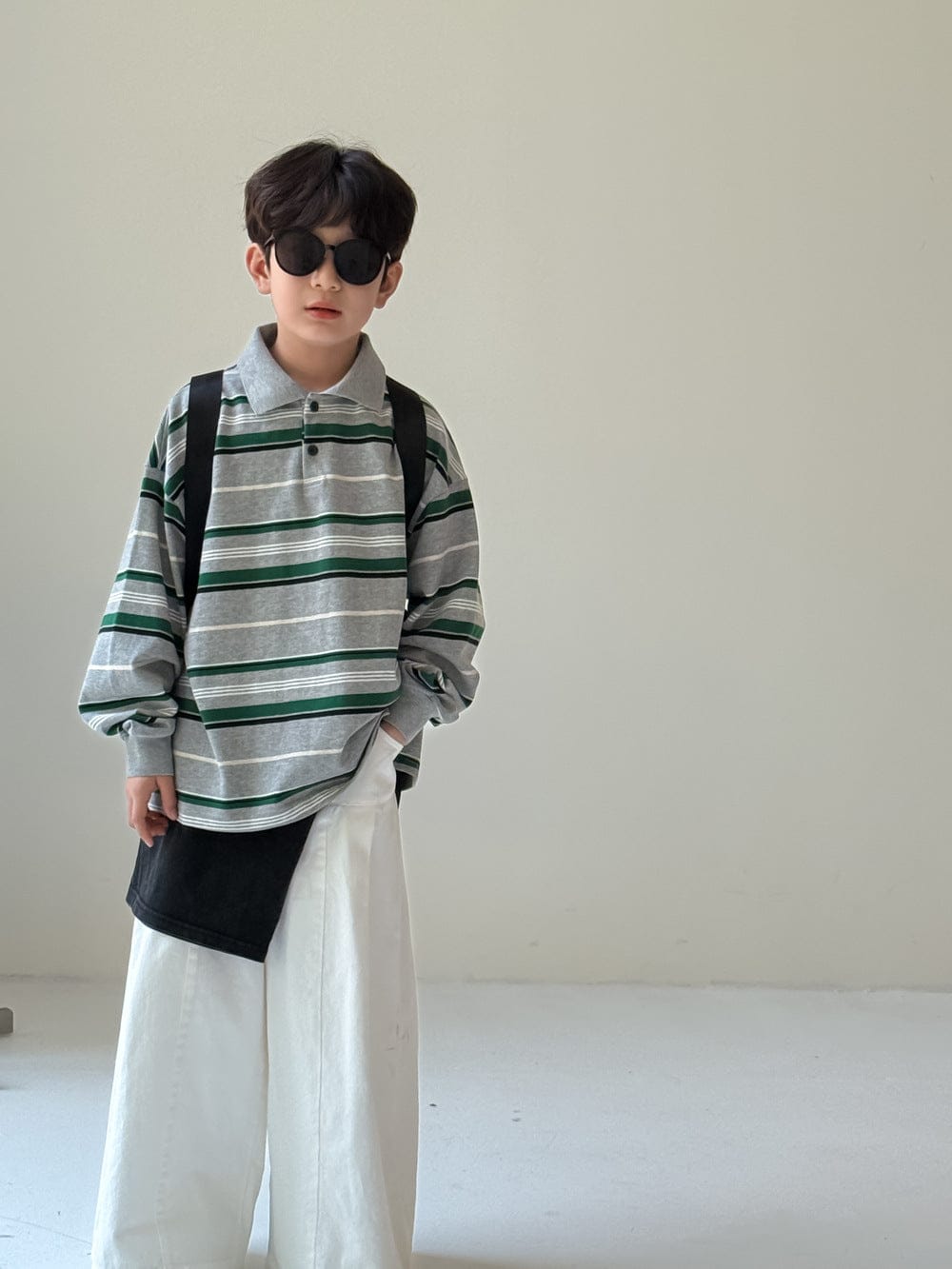 長袖シャツ・ブラウス Light Gray / 90cm ビッグシルエットボーダー長袖ポロシャツ【mh0010942】