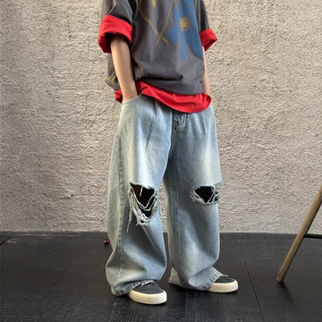 デニムパンツ ダメージ加工ワイドルーズデニムパンツジーンズ【mh0009687】
