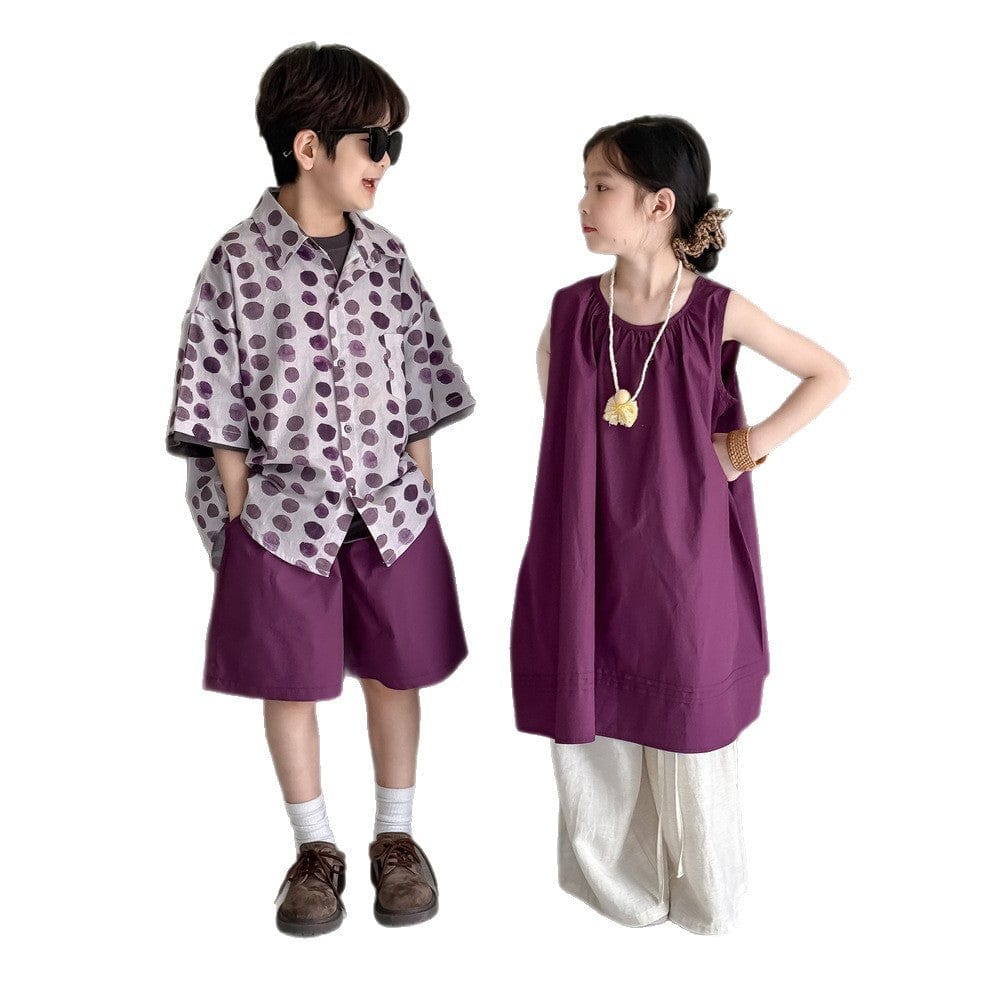パープル系 キッズ服セット:水玉半袖シャツとパープルハーフパンツ、ノースリーブワンピース