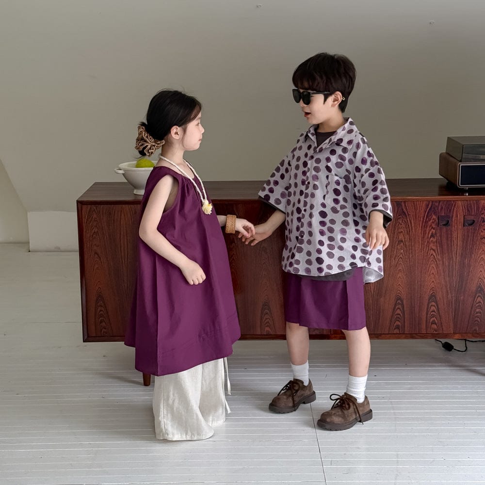 パープル系 キッズセット:水玉半袖シャツ&パープルハーフパンツ、ノースリーブワンピース