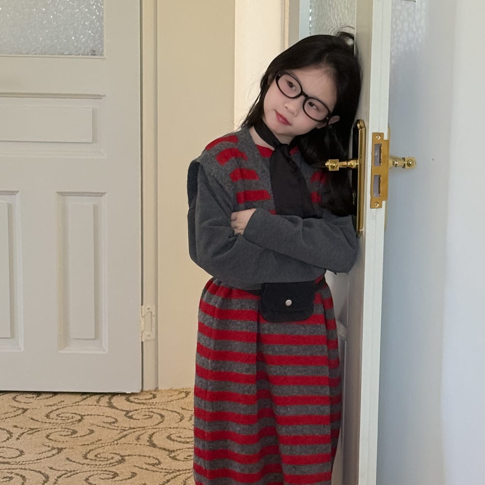 ノースリーブワンピース レッドボーダー柄ニットベストワンピース【mh0010935】