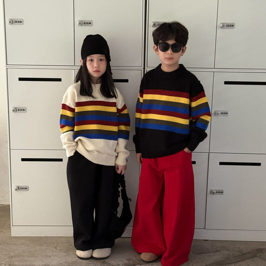 ニット・セーター マルチカラーボーダー柄長袖ニットトップス レトロセーター【mh0010965】