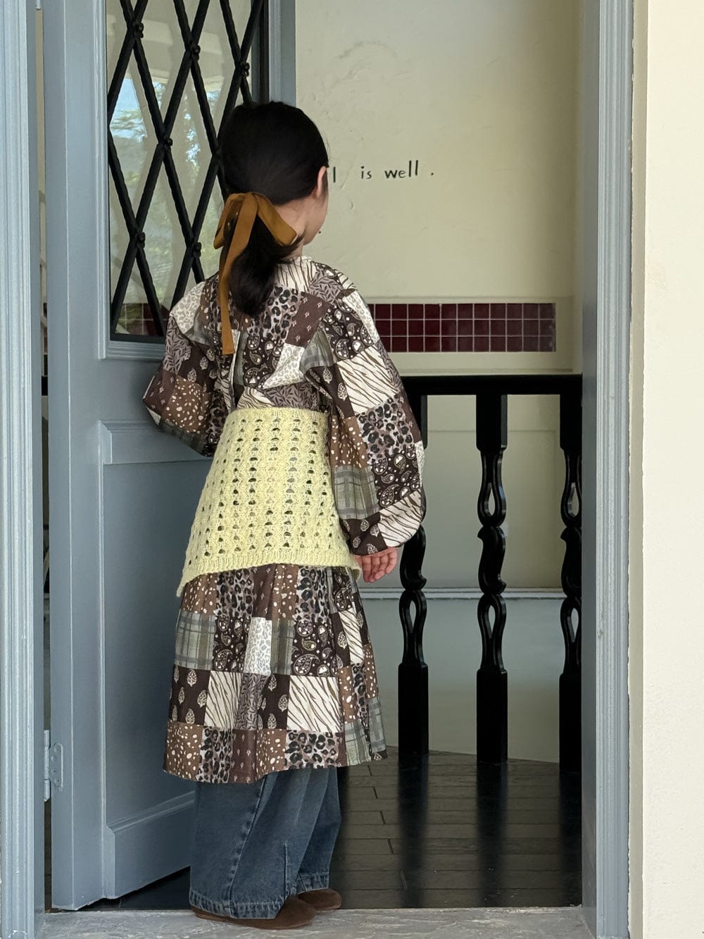 長袖ワンピース パッチワークプリントワンピース キッズ長袖ロング丈ワンピース【mh0010973】