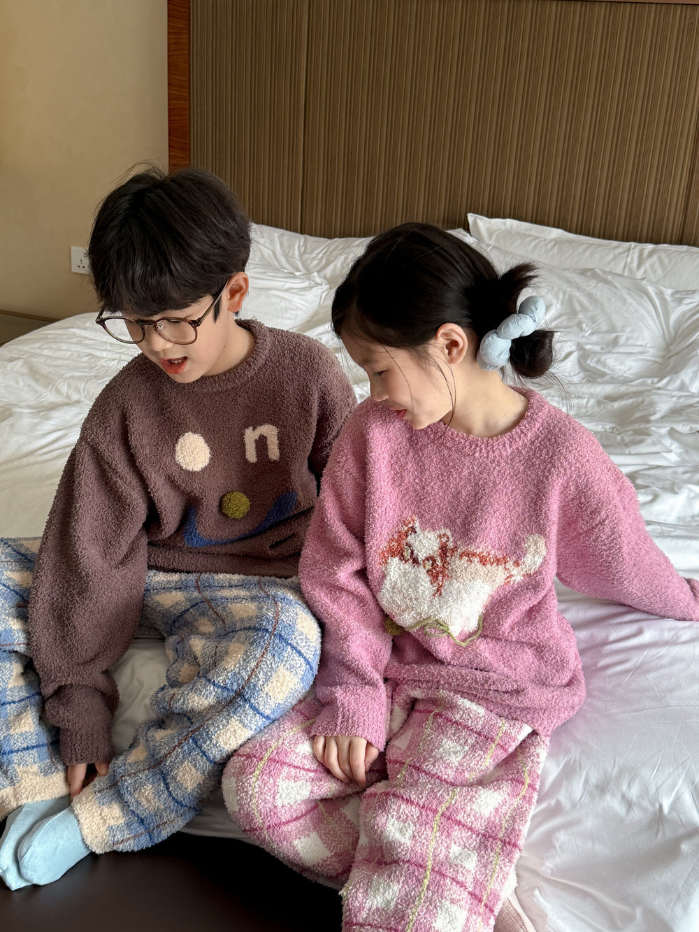 長袖パジャマ パジャマ キッズ モコモコ 裏起毛 厚手 セットアップ チェック柄 ルームウェア【mh0011660】