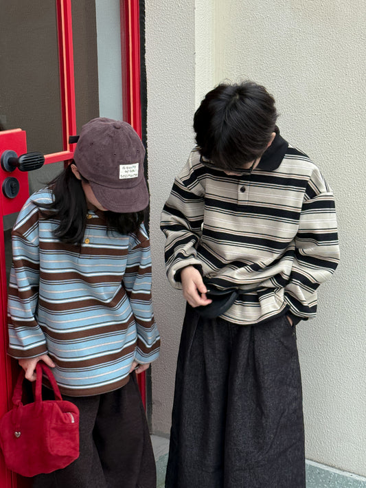 長袖シャツ・ブラウス 長袖ポロシャツ キッズ ボーダー柄 裏起毛 厚手 ゆったり カジュアル トップス【mh0011669】