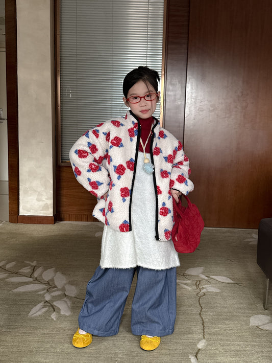 ショートコート・ジャケット・ジャンパー ボアジャケット キッズ フラワープリント 厚手 スタンドカラー カジュアル ジップアウター【mh0011686】