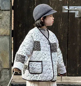 ショートコート・ジャケット・ジャンパー print coat / 110cm 3-4y キッズアウター フラワープリントパッチワークノーカラーキルティングジャケットコート【mh0007596】