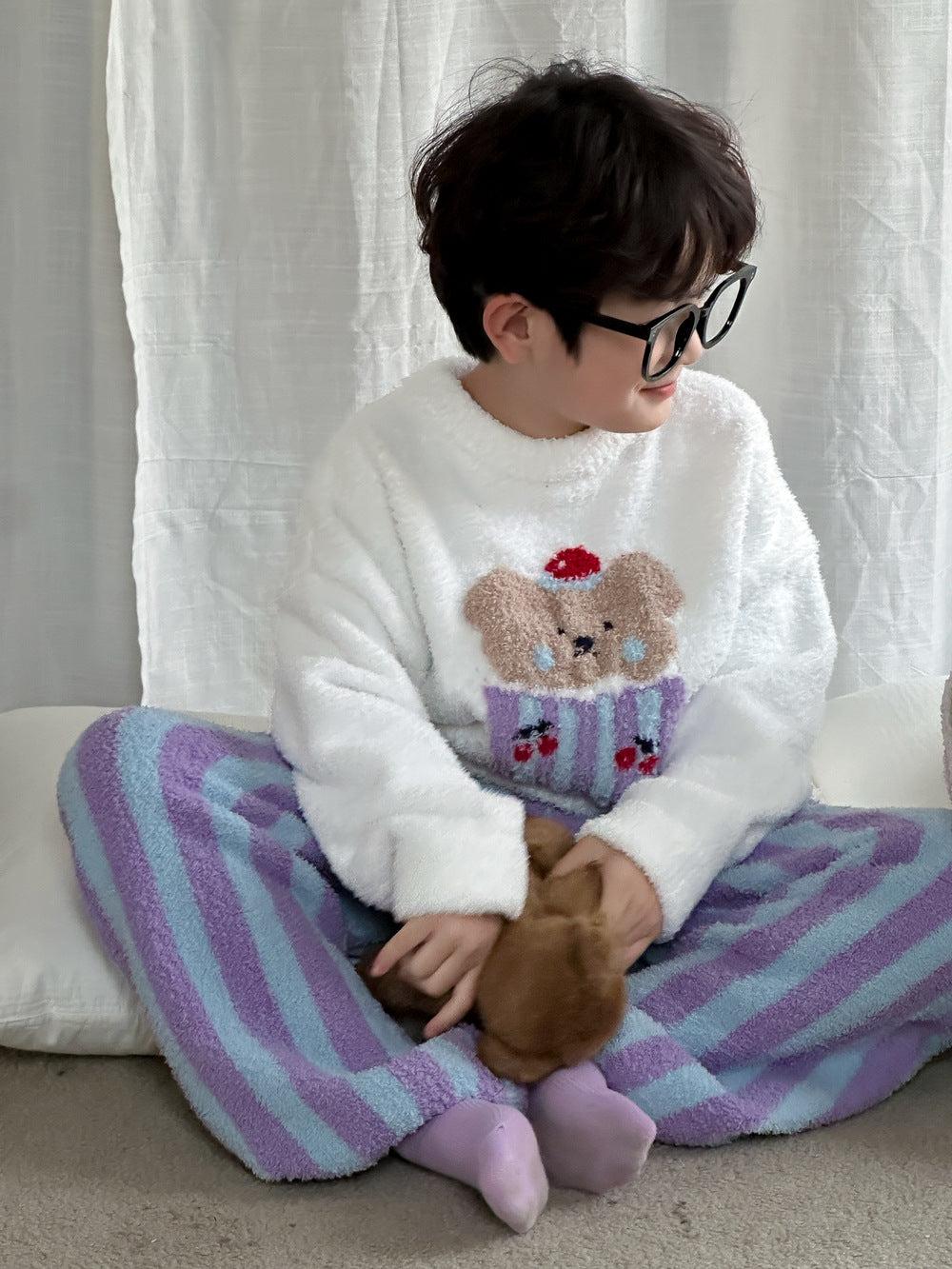 長袖パジャマ Purple / 90cm 長袖パジャマセット もこもこ ベアくま ルームウェア【mh0011651】