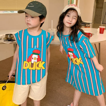 ノースリーブワンピース キッズ あひる ダック ストライプ ノースリーブ Tシャツ タンクトップ ノースリーブ ワンピース リンク 兄弟 姉妹 お揃い コーデ【mh0002621】