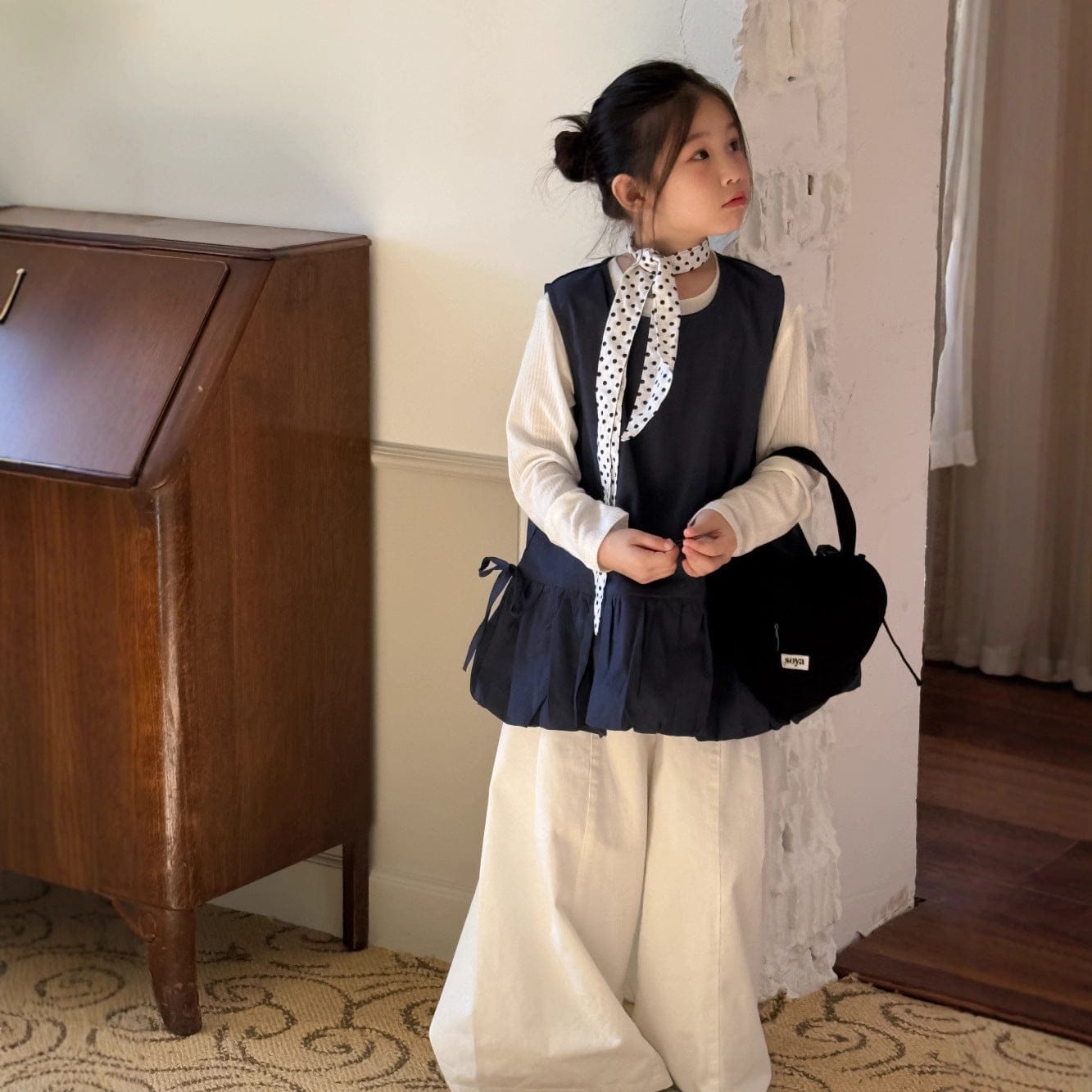 ノースリーブセットアップ white T-shirts / 90cm サイドリボンドロストノースリーブチュニックブラウス/インナー長袖Tシャツ【mh0010758】