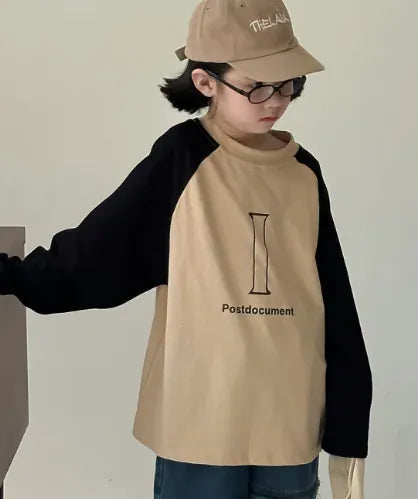 長袖Tシャツ Khaki / 90cm 1-2y キッズトップス パッチワークラグランスリーブプリント柄長袖Tシャツ 2カラー【mh0007370】