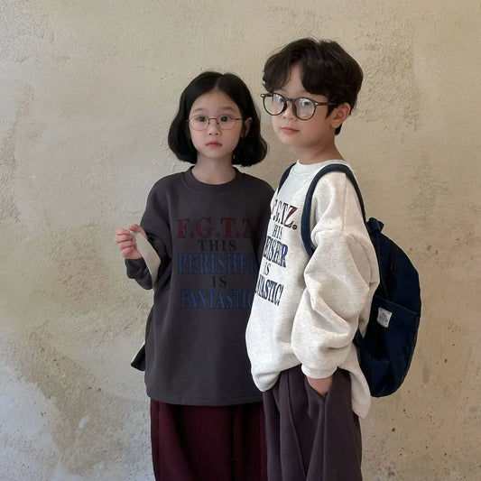 長袖Tシャツ キッズトップス レターロゴプリント厚手長袖Tシャツ 2カラー【mh0007573】