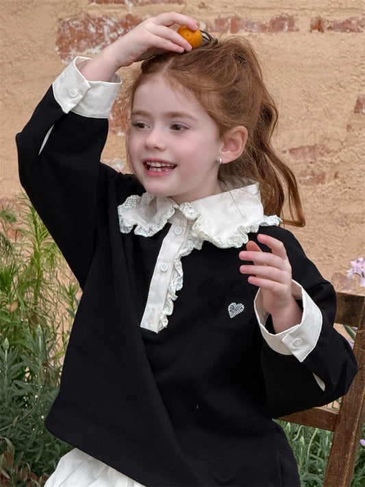 Lace Collar Rhinestone Polo Shirt レース襟 長袖ポロシャツ【mh0012428】 mamahalo shop